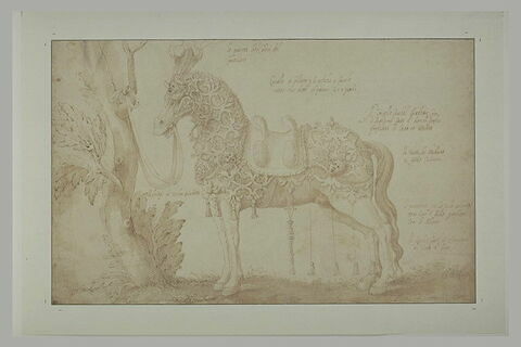 Cheval richement harnaché, attaché à un arbre, de profil vers la gauche, image 2/2