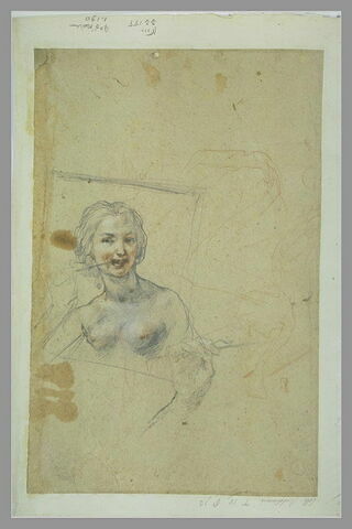 Jeune femme nue, vue en buste, portant une flèche à sa bouche ; reprise de sa main droite ; draperie, image 1/1