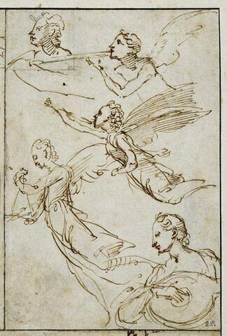 Cinq croquis d'anges volant et jouant de divers instruments, image 1/2