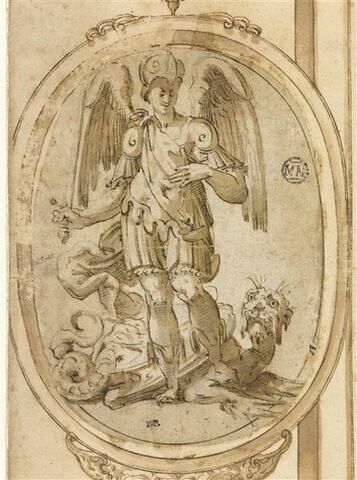 Saint Michel tenant l'épée et la balance et posant le pied sur le dragon