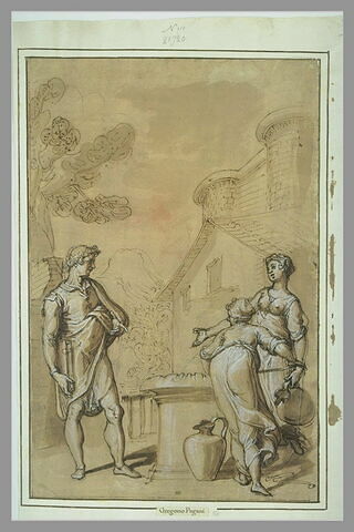 Un homme, portant un livre, s'entretenant avec deux femmes puisant de l'eau, image 1/1