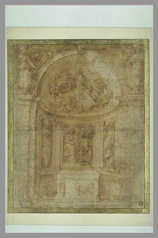 Décor d'autel avec la Vierge à l'Enfant, des saints et Dieu le Père, image 1/1