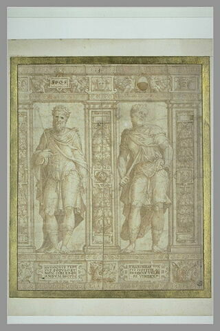 Partie de frise avec deux statues de Charondas et Antiochus, image 1/1