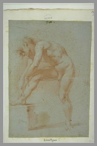 Homme nu, debout, se tenant la jambe droite appuyée sur un degré, image 1/1