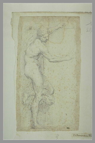 Homme nu debout, de profil à droite, la jambe gauche posée sur un degré, image 1/1