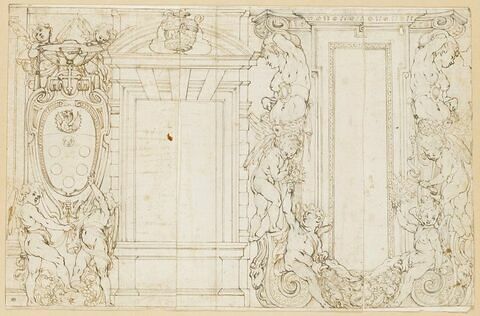 Projet de décoration murale avec putti, armes des Medici et guirlandes, image 1/2