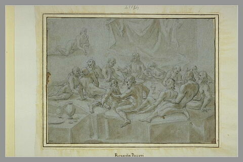 Douze personnages nus assis autour d'un homme drapé, assis à table : la Dernière Cène, image 1/1