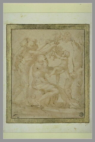 Silène assis sur une urne renversée, portant dans ses bras le jeune Bacchus