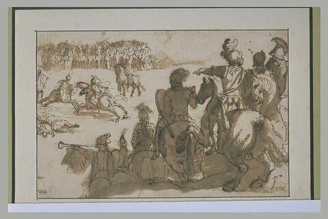 Combat entre deux cavaliers, en présence de deux armées ennemies, image 1/1
