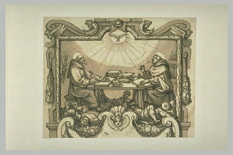 Deux saints franciscains écrivant sous la dictée du Saint-Esprit, image 1/1