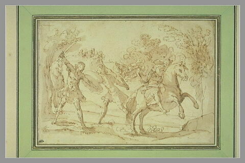 Trois guerriers dont deux à pied combattant dans un bois, image 1/1