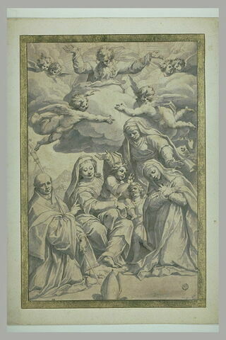 Dieu le Père dans des nuées entouré d'anges et de chérubins, regardant la Vierge à l'Enfant avec le petit saint Jean entre deux religieuses et un évêque
