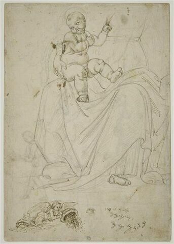 L'Enfant Jésus sur les genoux de la Vierge ;  ange volant renversant un vase ; essais d'écriture