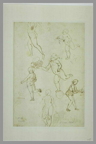Un homme nu courant ; trois enfants de putto en équilibre sur une jambe ; enfant travaillant sur une enclume ; enfant debout tenant un écu, image 2/2