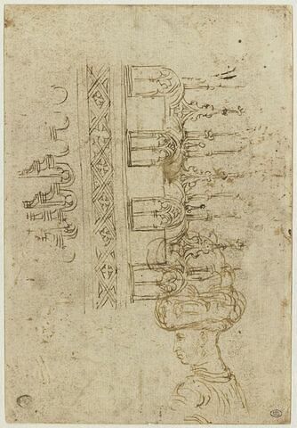 Loggia en encorbellement, couronnée de pinacles et de gâbles ; projection du plan d'une voûte ; portrait de Niccolo III d'Este