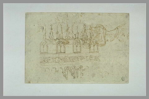 Loggia en encorbellement, couronnée de pinacles et de gâbles ; projection du plan d'une voûte ; portrait de Niccolo III d'Este, image 2/2