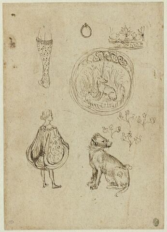 Etudes de jambe, d'anneau, de couronne, d'homme en costume de cour, de fleurs et d'emblème avec un chien