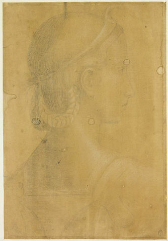 Jeune fille, vue en buste, de trois quarts, de dos, la tête de profil, vers la droite, les cheveux retenus par un bandeau, image 1/2