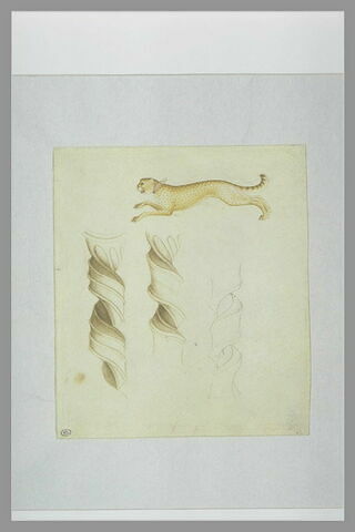 Guépard bondissant, de profil vers la gauche ; trois études de colonnettes torses, dont deux à fût cannelé, image 1/1