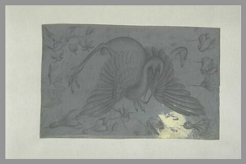 Un échassier ; une tête de cygne ; neuf fleurs et une feuille, image 1/1