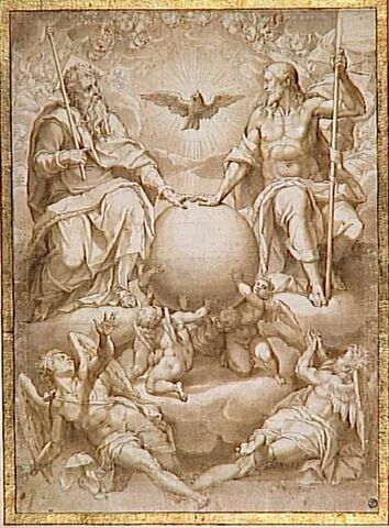 La Sainte Trinité dans les nuées parmi les anges, autour du globe, image 2/3