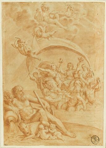 Remus et Romulus, un Fleuve, trois femmes entourées de génies et de tritons, image 1/2