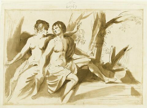 Jeune homme et jeune fille au pied d'un arbre marqué Angelica et Medor, image 1/3