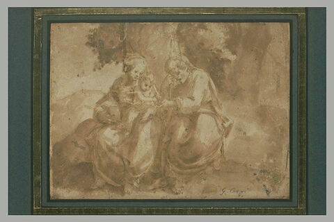 Saint Joseph présente un fruit à Jésus assis sur les genoux de la Vierge, image 1/1