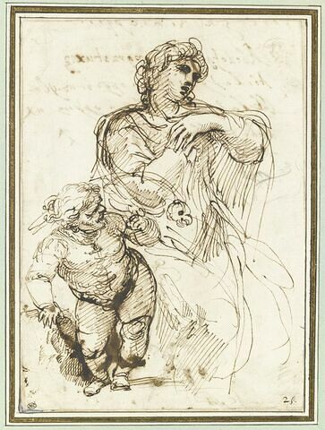 Femme assise et nain portant au poing un perroquet