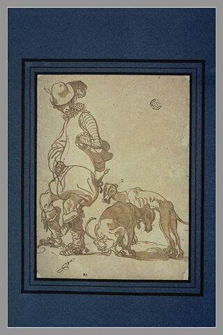 Caricature d'un spadassin suivi de deux chiens