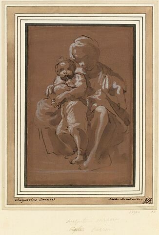 Femme assise à terre, tenant un enfant entre ses genoux : Vierge à l'Enfant?