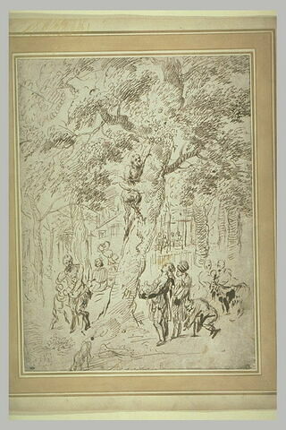 Scène dans un bois avec un satyre cueillant des fruits sur un arbre, image 1/1