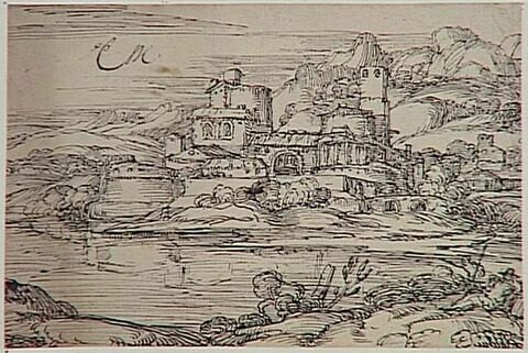 Paysage avec une citadelle dominant une étendue d'eau, image 1/2