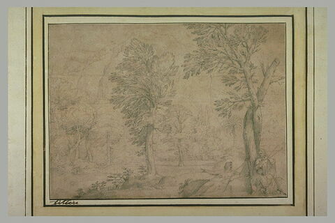 Paysage boisé, avec des montagnes et deux hommes assis au pied d'un arbre, image 1/1