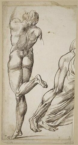 Homme nu, vu de dos, la jambe gauche pliée et partie d'une autre figure