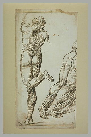 Homme nu, vu de dos, la jambe gauche pliée et partie d'une autre figure, image 2/2