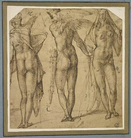 Deux figures nues, vues de dos, dont une ailée, et une femme nue de face