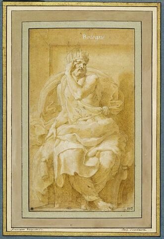 Le roi Zaleucus, assis sur un trône, montrant son oeil crevé