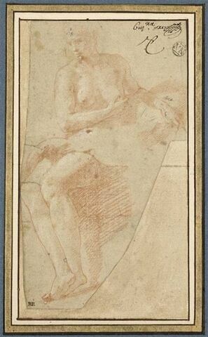 Femme nue, assise de trois quarts vers la gauche, la main droite sur le sein