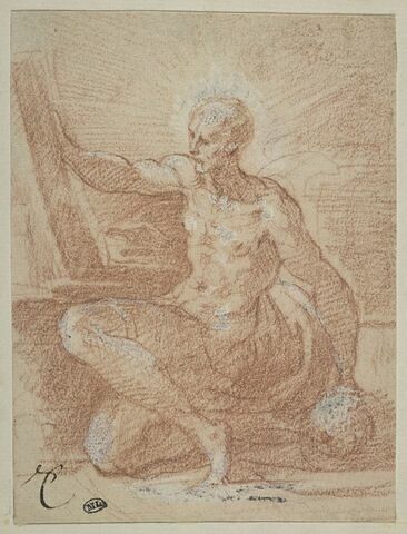 Saint Jérôme pénitent, nu, assis, la main droite sur un livre ouvert, image 1/2