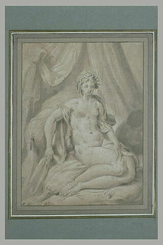 Femme nue, assise sur un lit, des fleurs dans les cheveux