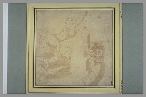 Etude pour une frise : femme enlaçant une licorne et trois putti, image 1/1