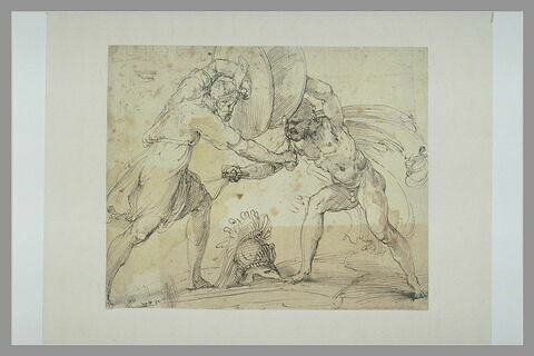 Deux hommes armés d'épées et de boucliers, combattant, image 1/1