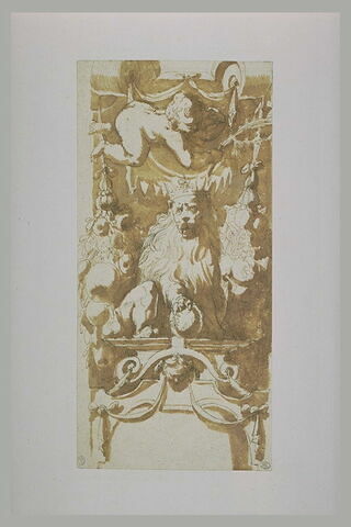 Etude de décoration, avec un lion couronné, parmi des guirlandes...