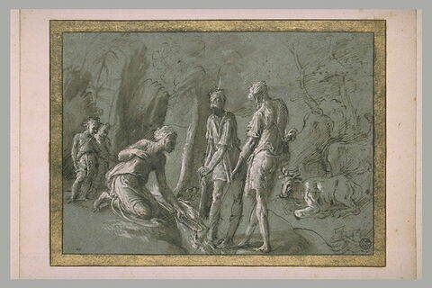 Deux bergers, une femme agenouillée et deux enfants dans un bois, image 2/2