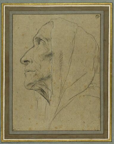 Tête de vieille femme, vue de profil, enveloppée d'une draperie