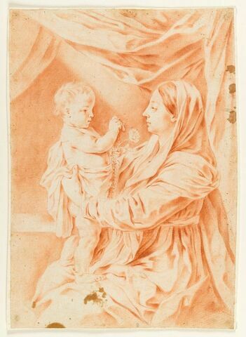 La Vierge avec l'Enfant debout sur ses genoux, lui présentant un chapelet