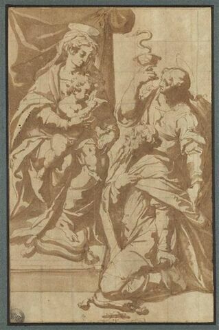 Saint Jean l'Evangéliste présentant un homme à la Vierge et l'Enfant, image 1/2