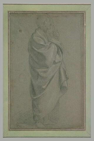 Etude de draperie d'un homme debout, de profil, appuyé sur un bâton