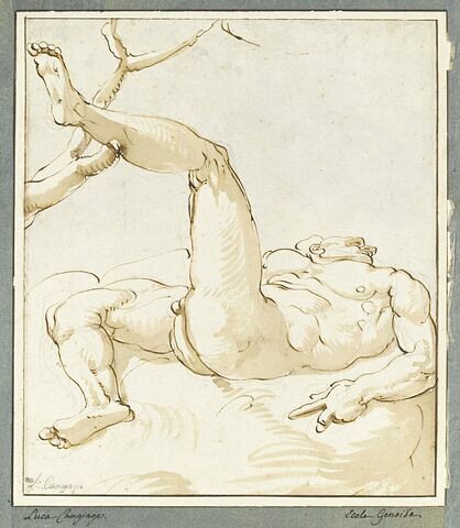 Homme nu, allongé sur le dos, la jambe gauche appuyée sur une branche, image 1/2
